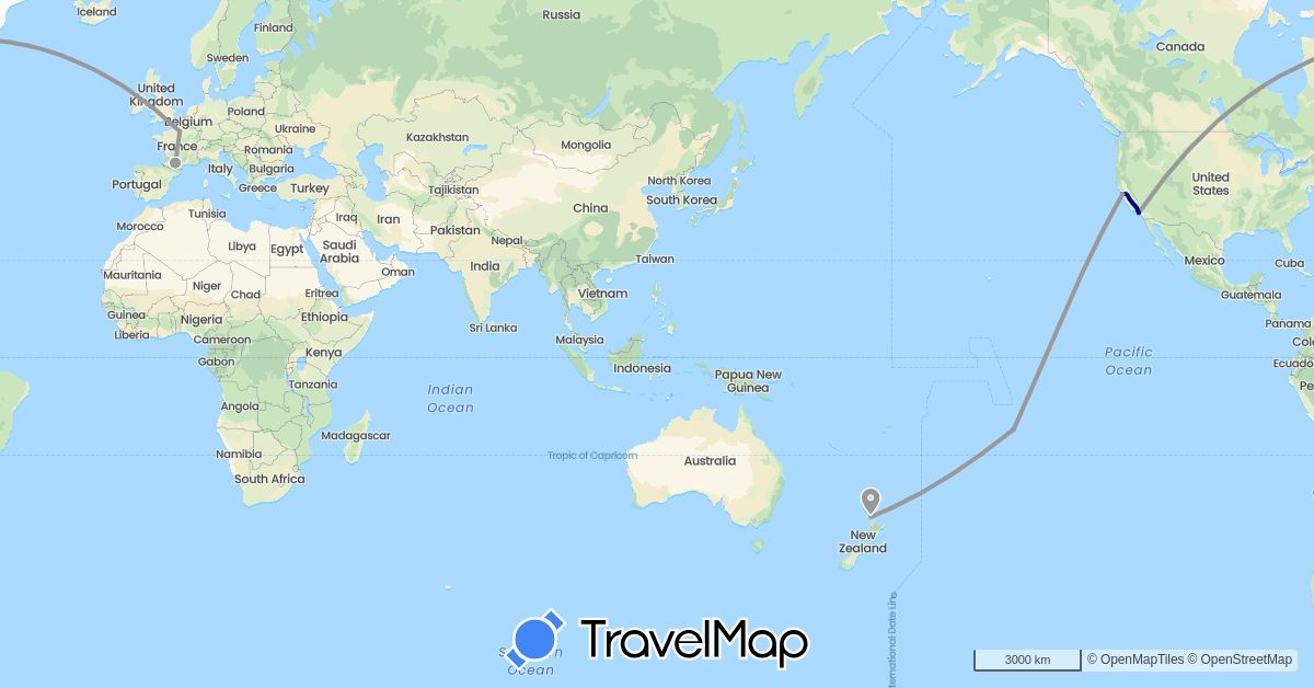 TravelMap itinerary: driving, plane, boat in France, New Zealand, United States (Europe, North America, Oceania)